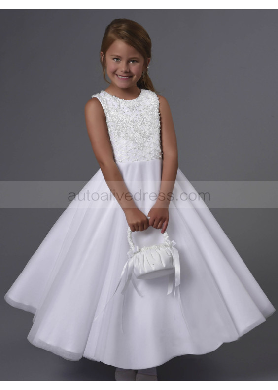 Beaded White Satin Tulle Tea Length Flower Girl Dress 